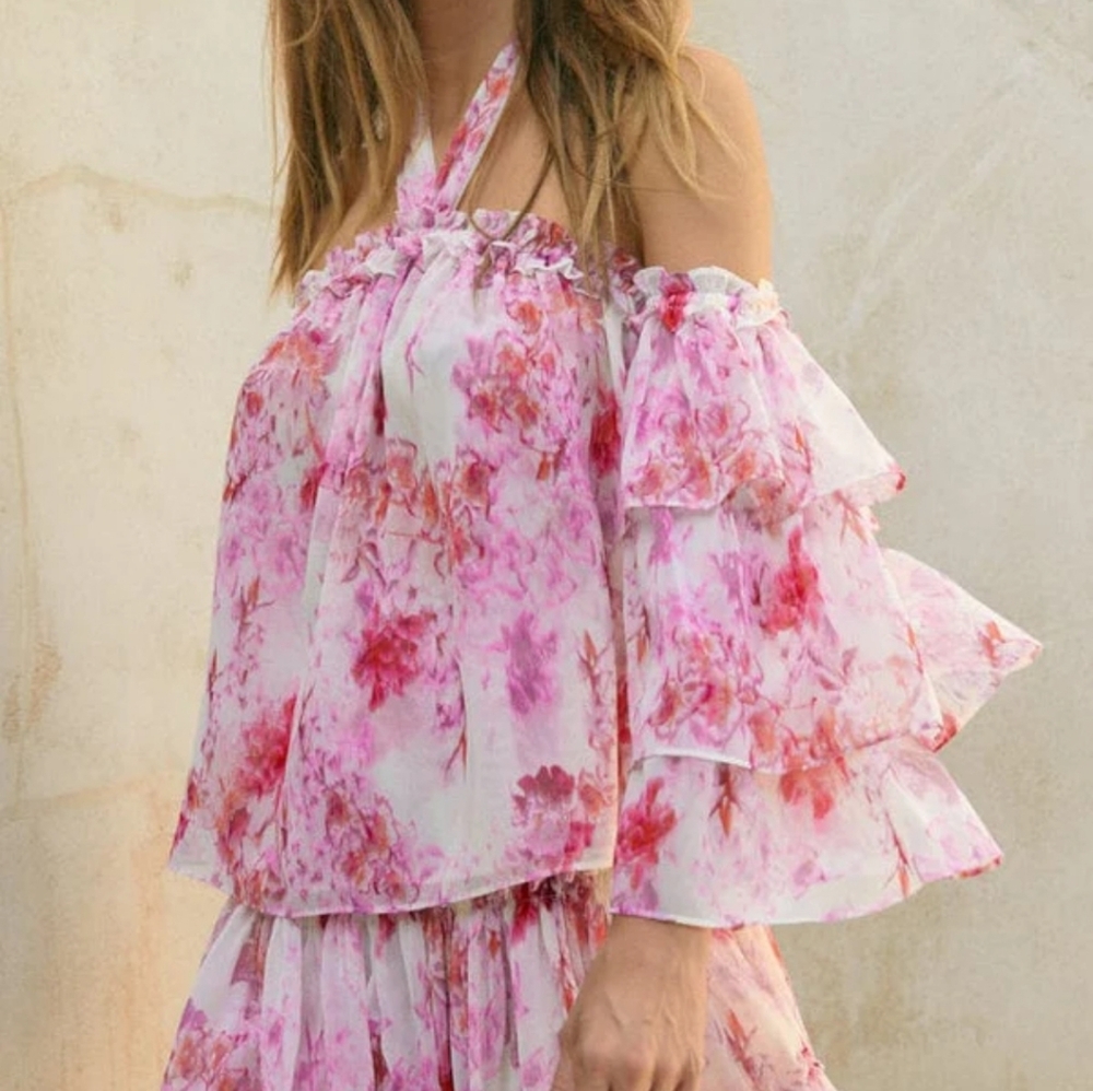 MISA Ditte Off Shoulder Extra Flowy Ruffled Cinched Watercolor Floral Top Blouse